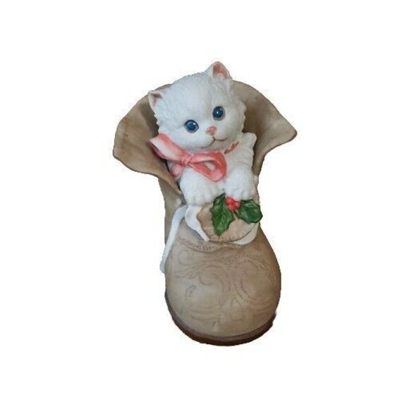 Enesco Ceramic Cat in Boot Christmas Holly White Kitten Vintage 1990 Holiday - Picture 1 of 12